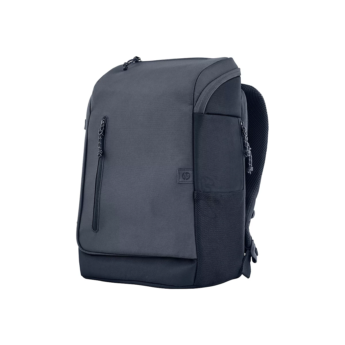 Dunkelblauer Laptop-Rucksack mit Reißverschlüssen und HP-Logo.