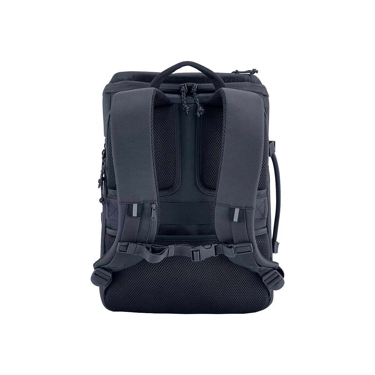 Dunkelblauer Rucksack von hinten. Gepolsterte Träger und Rücken. Reißverschlüsse und Schnallen.
