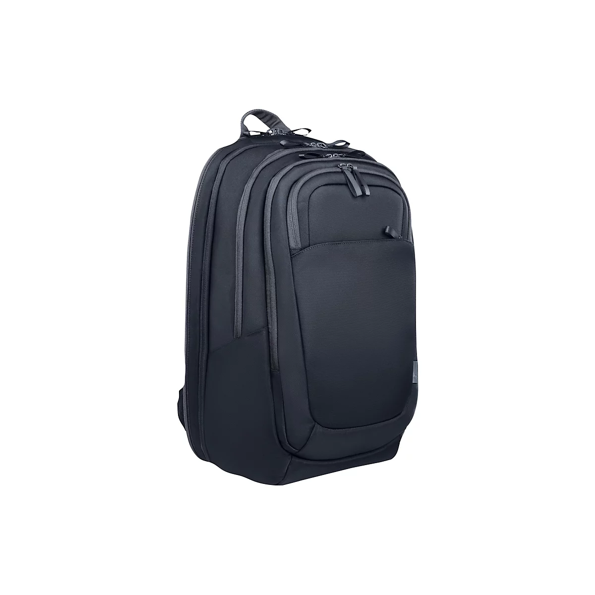 Ein dunkelblauer Rucksack vor weißem Hintergrund. Der Rucksack hat mehrere Reißverschlusstaschen und einen Tragegriff.