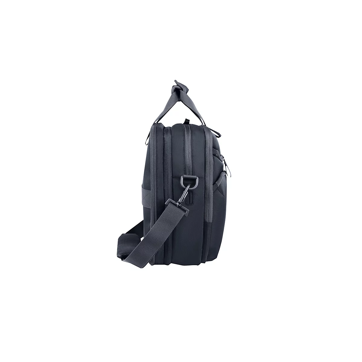 Schwarze Laptoptasche mit Tragegriffen und abnehmbarem Schultergurt vor weißem Hintergrund.