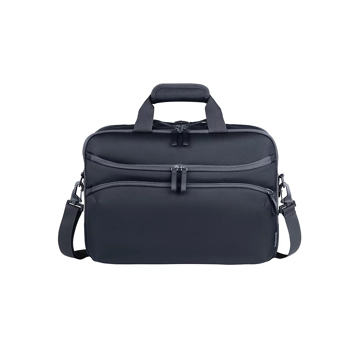 Schwarze Laptoptasche mit Tragegriffen, Reißverschlüssen und abnehmbarem Schultergurt vor weißem Hintergrund.