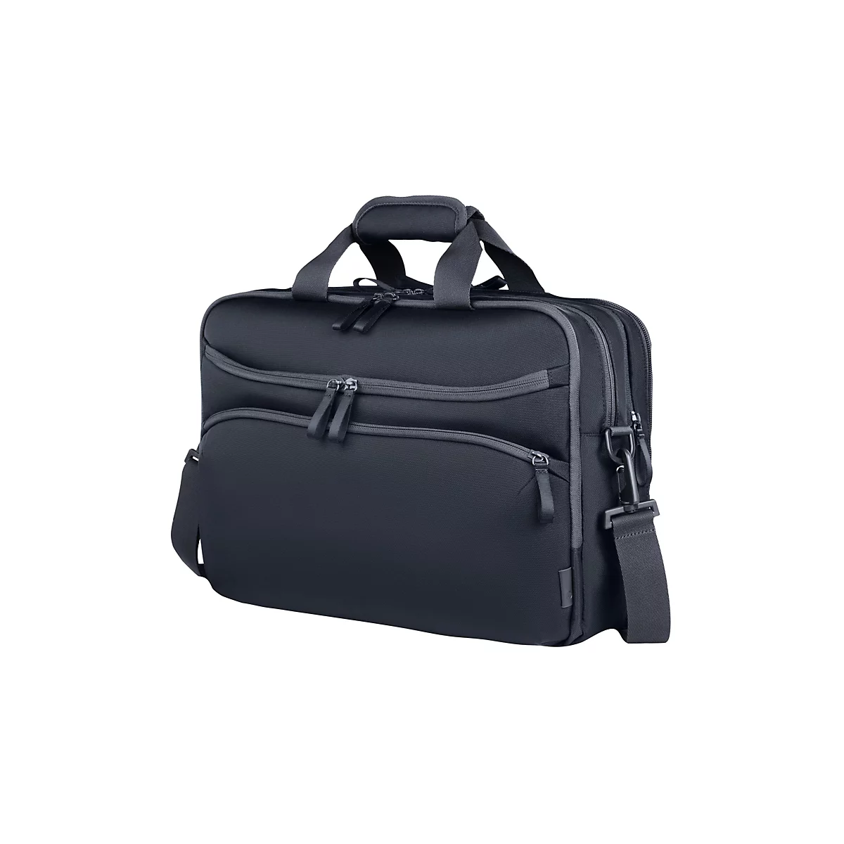 Schwarze Laptoptasche mit Tragegriffen, Reißverschlussfächern und Schultergurt vor weißem Hintergrund.