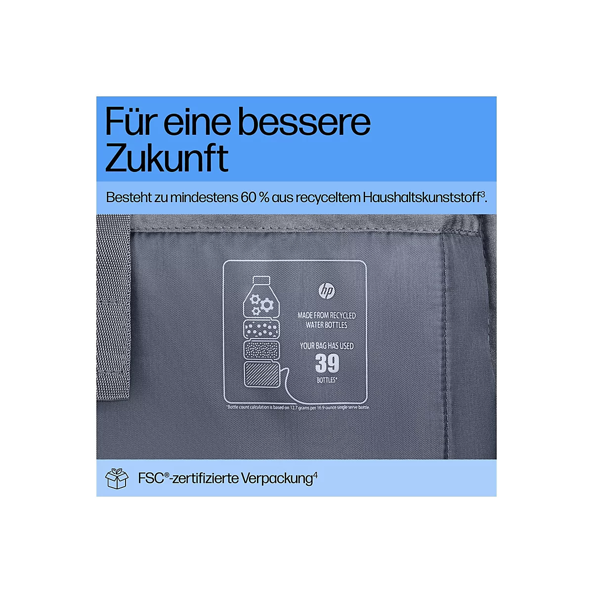 Der Ausschnitt eines grau-strukturierten Textils mit weißem Aufdruck. Aufschrift: Für eine bessere Zukunft. Enthält Text zum Recycling und der Verwendung von 39 Wasserflaschen. FSC-zertifizierte Verpackung.