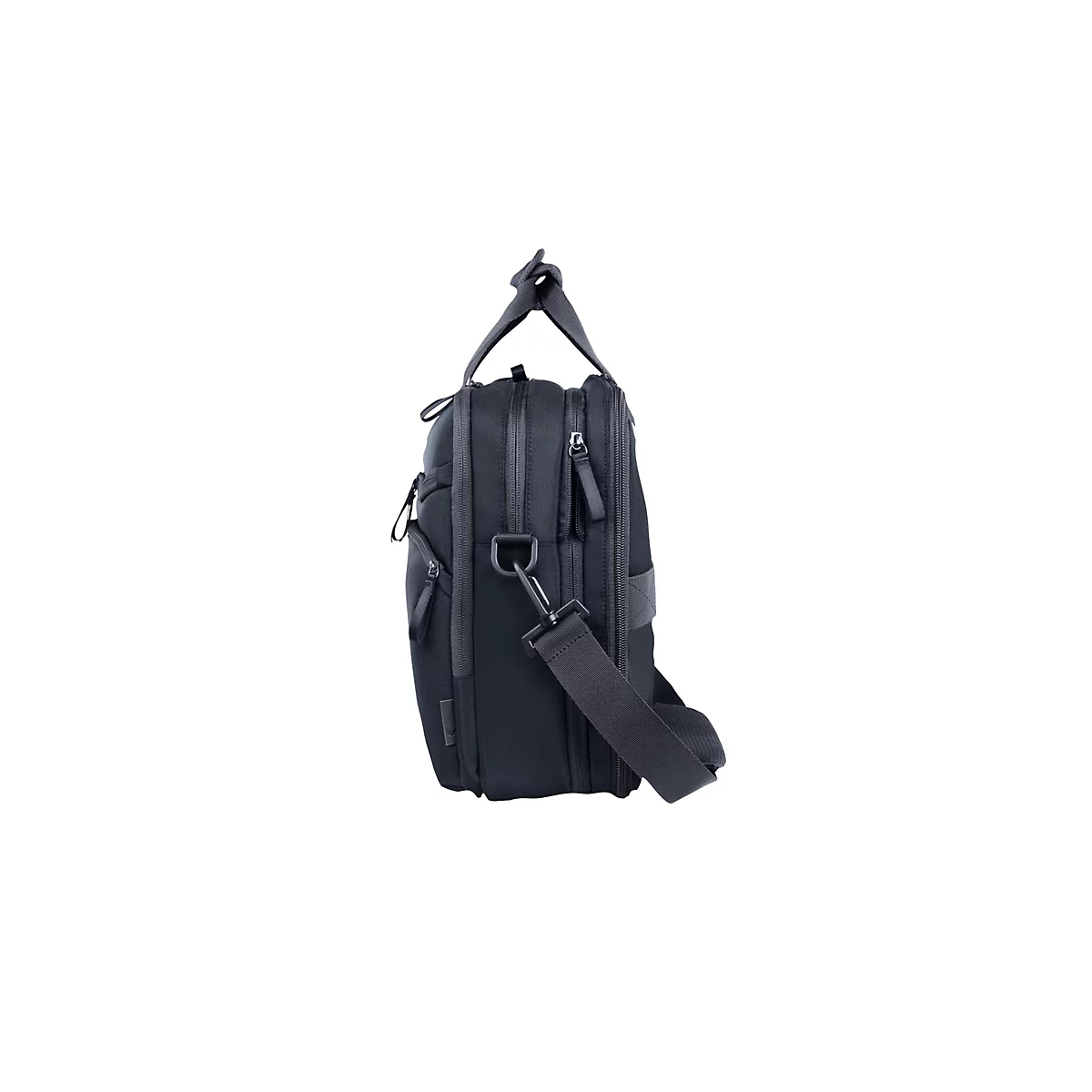 Schwarze Laptoptasche mit Tragegriffen und abnehmbarem Schultergurt in Seitenansicht vor weißem Hintergrund.