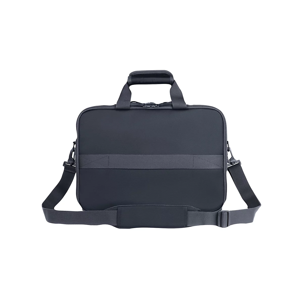 Dunkelgraue Aktentasche mit Henkel, Schulterriemen und Reißverschluss, isoliert vor weißem Hintergrund.