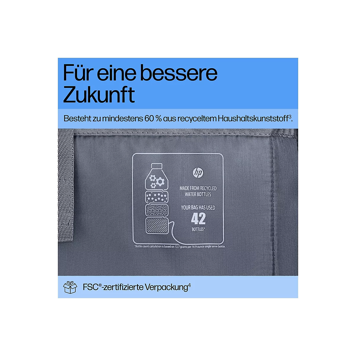 Detailaufnahme einer grauen Tasche mit weißem HP-Logo und Text, der die Verwendung von recycelten Wasserflaschen hervorhebt.