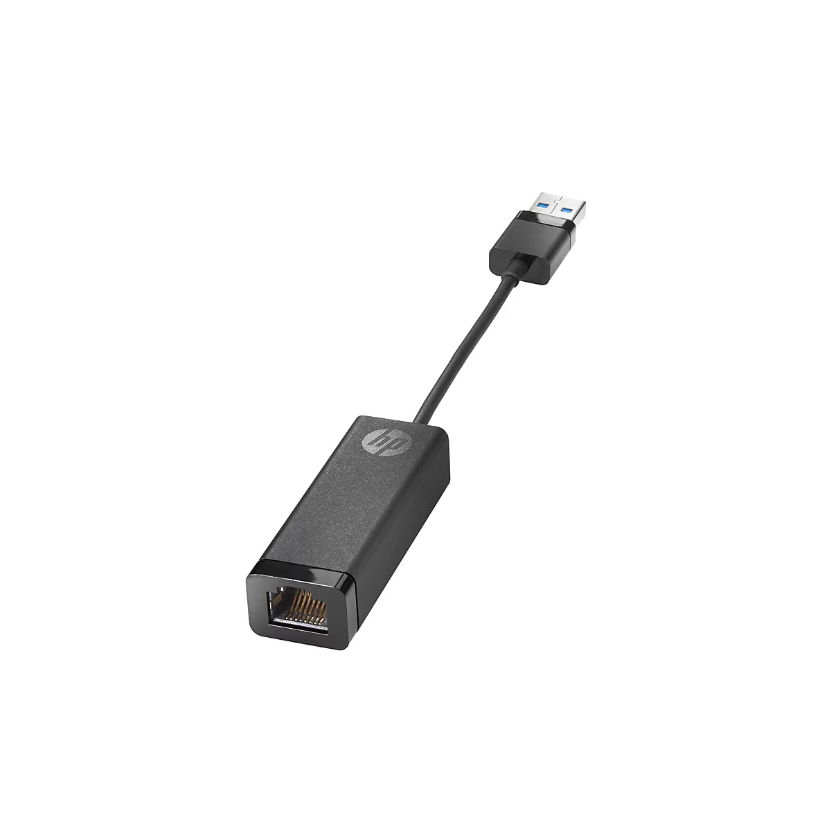 Schwarzer HP USB-auf-Ethernet-Adapter vor weißem Hintergrund.