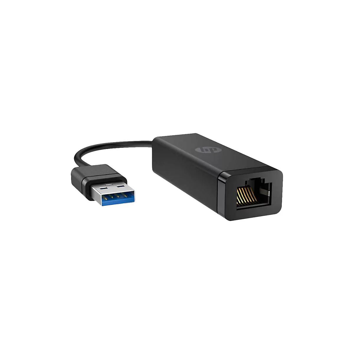 Schwarzer HP USB-A auf Ethernet Adapter mit blauem USB-Anschluss vor weißem Hintergrund.