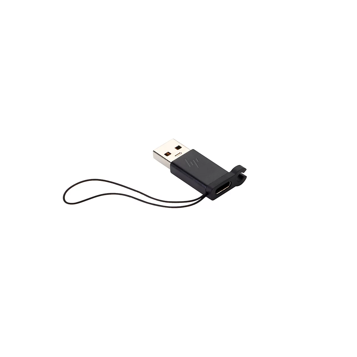 Ein schwarzer USB-Adapter mit silbernem USB-Stecker und einer schwarzen Schnur an einem weißen Hintergrund.