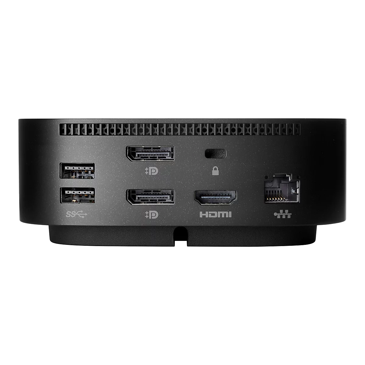 Nahaufnahme der Rückseite eines schwarzen Computers. Enthält Anschlüsse für USB, HDMI und Ethernet.