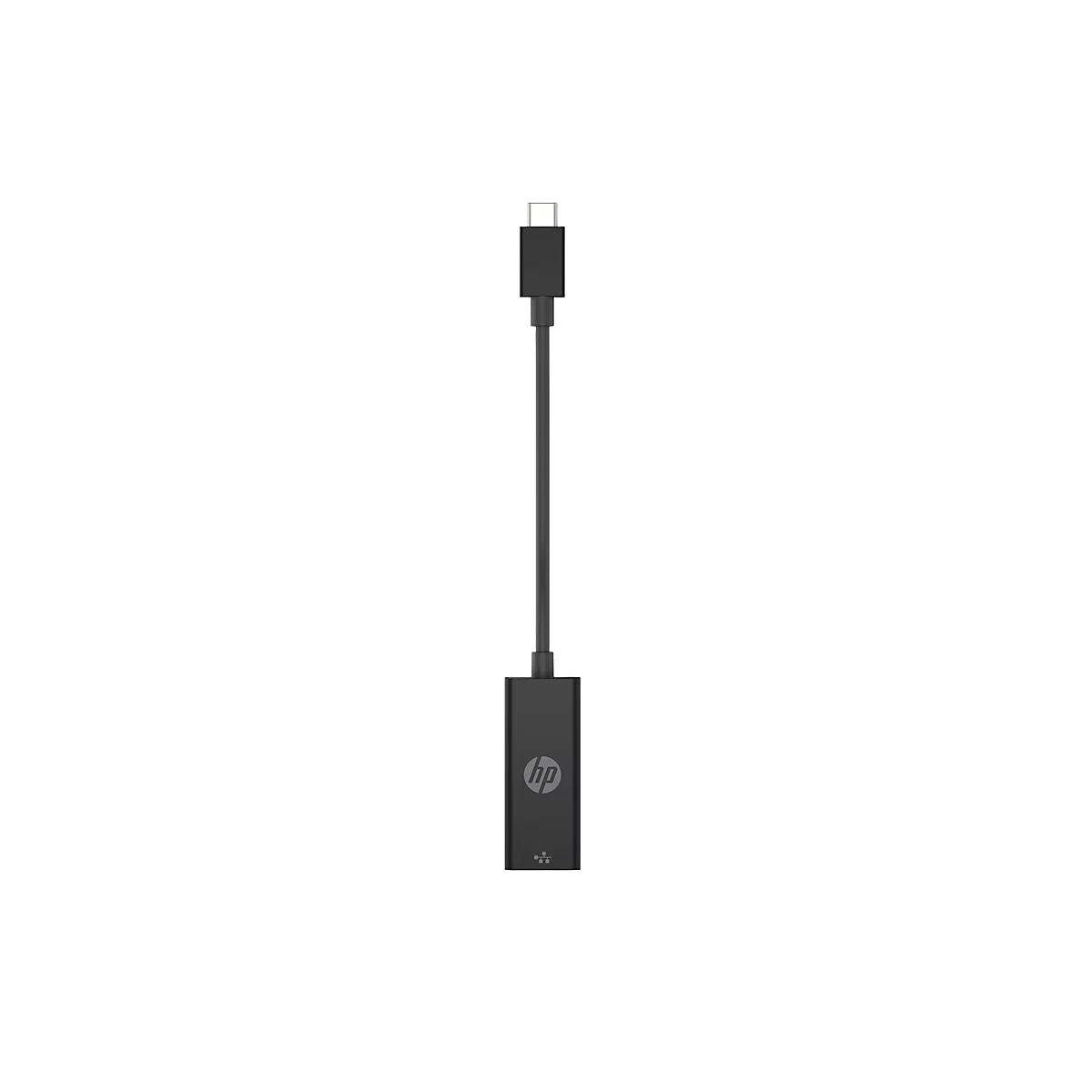 Schwarzer HP USB-C zu Ethernet Adapter vor weißem Hintergrund.