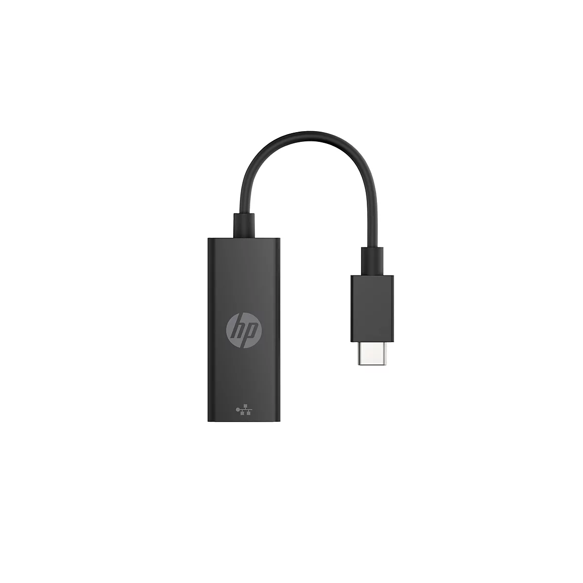 Schwarzer HP USB-C auf Ethernet Adapter auf weißem Hintergrund.