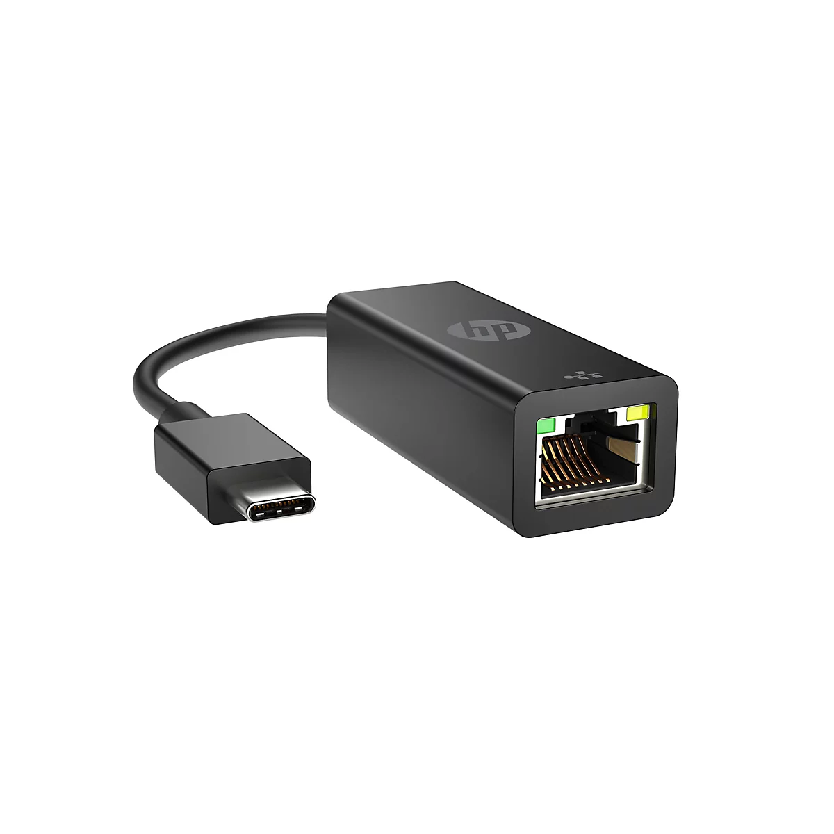 Schwarzer HP USB-C auf Ethernet Adapter auf weißem Hintergrund.