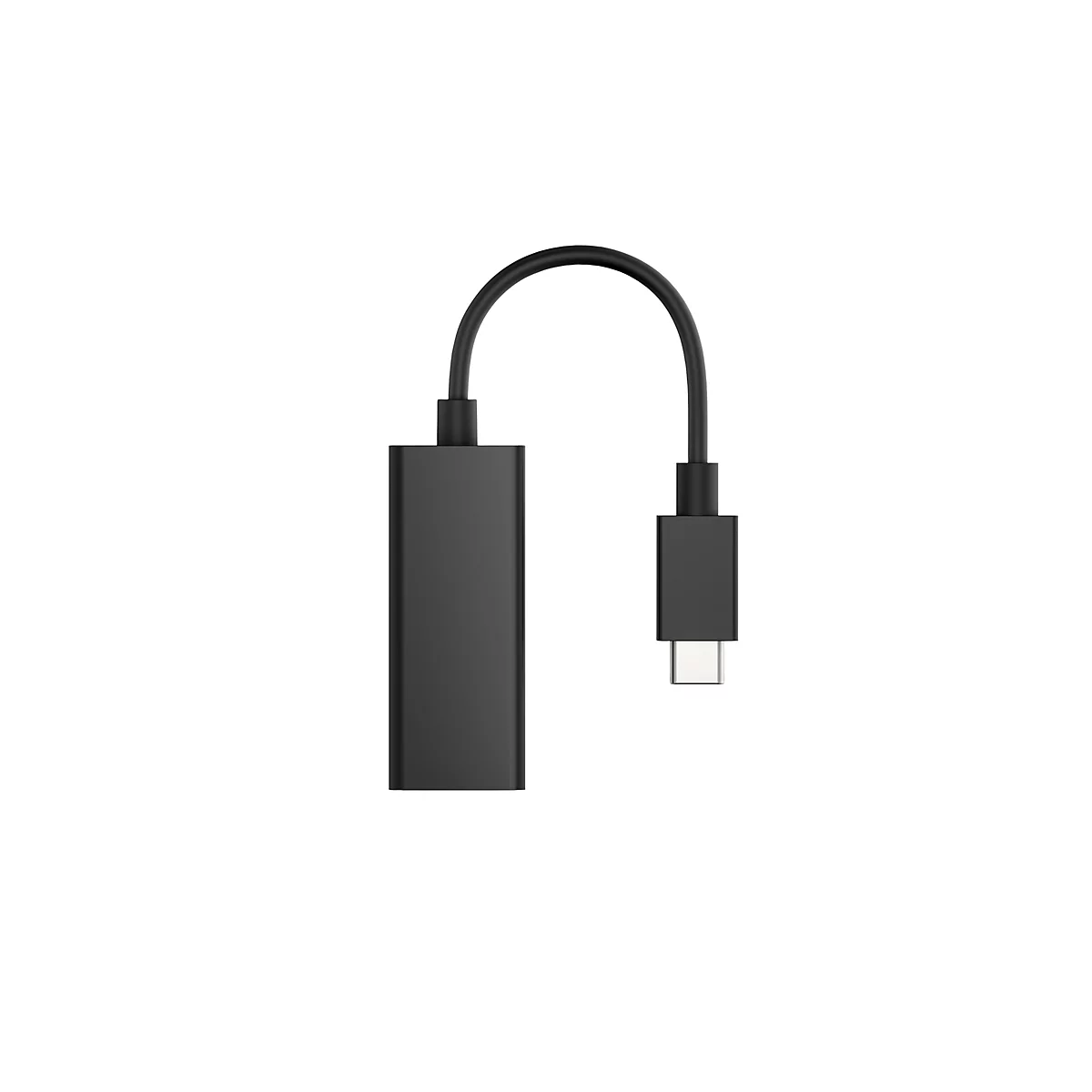 Schwarzer USB-C auf HDMI-Adapter mit kurzem Kabel vor weißem Hintergrund.