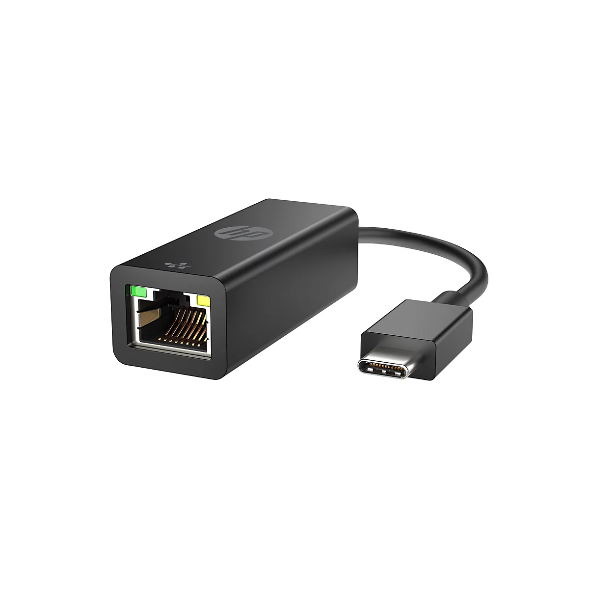 Schwarzer HP USB-C auf Ethernet Adapter mit RJ45-Anschluss und integrierten Status-LEDs.