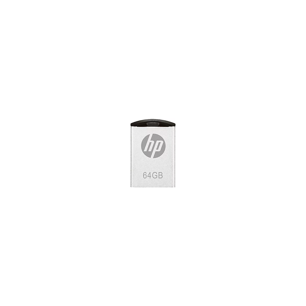 Une clé USB HP argentée avec le logo HP et l'inscription 64 Go. Le dessus est noir.