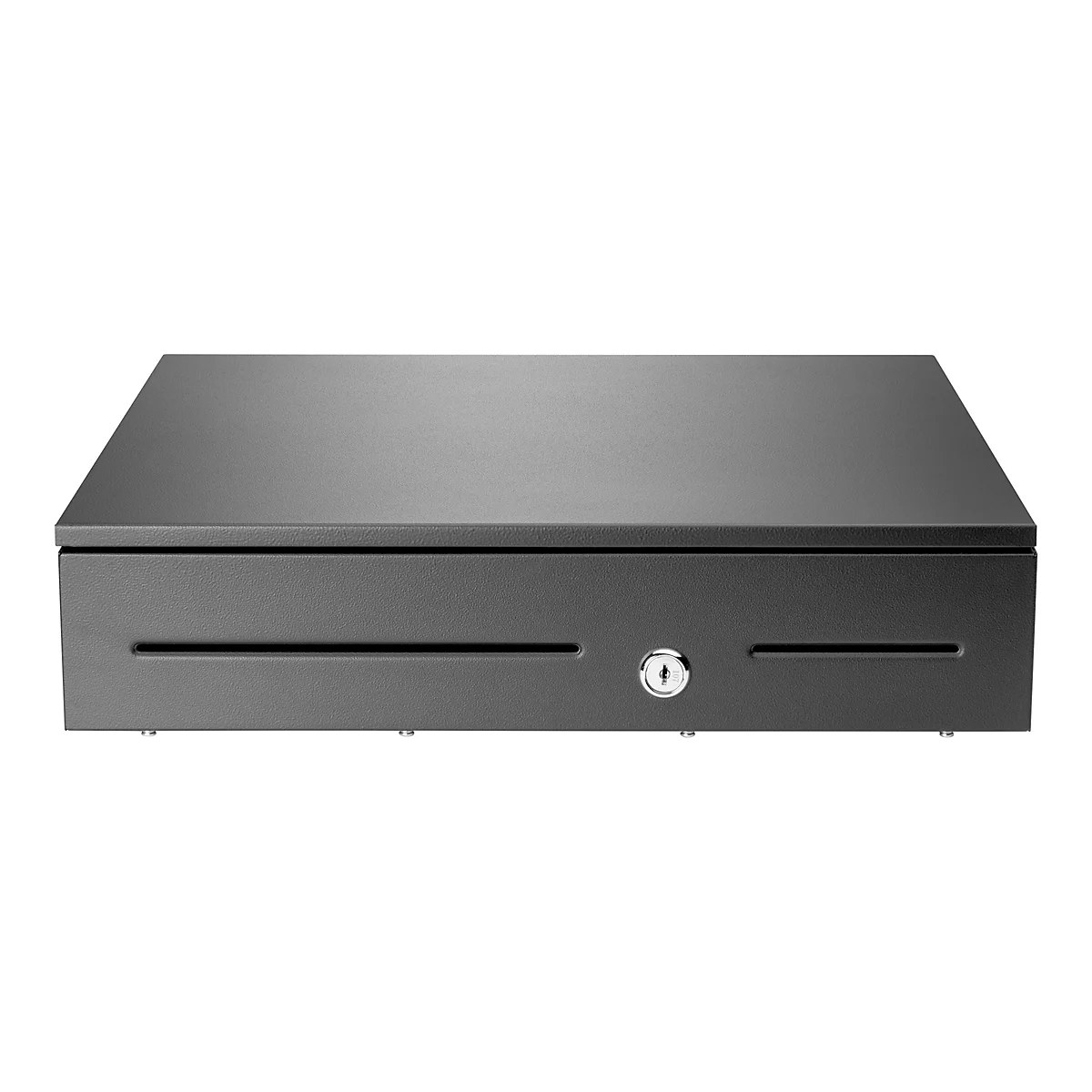 Graue Registrierkasse vor weißem Hintergrund. Mit Schlüsselloch.