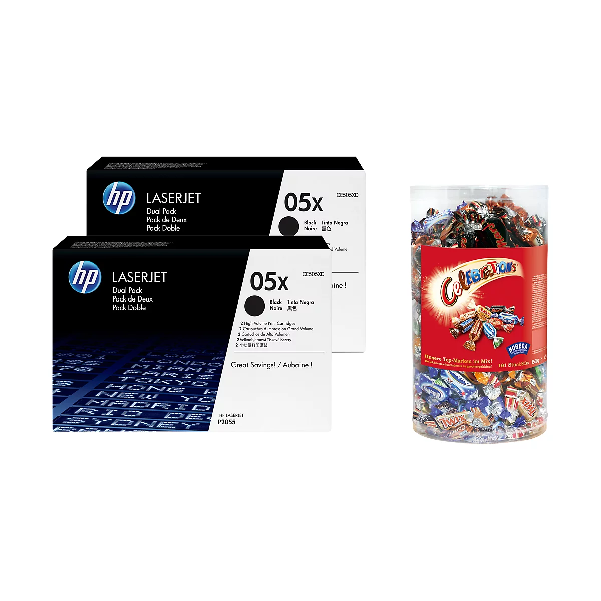 HP voordeelpakket 2x HP LaserJet CE505XD (nr. 05X) printcassette zwart + Celebrations, GRATIS