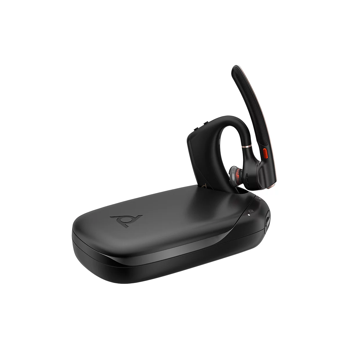 Schwarzes Bluetooth-Headset auf einer Ladestation. Das Headset hat ein Mikrofon, einen Ohrhörer und eine Steuereinheit.