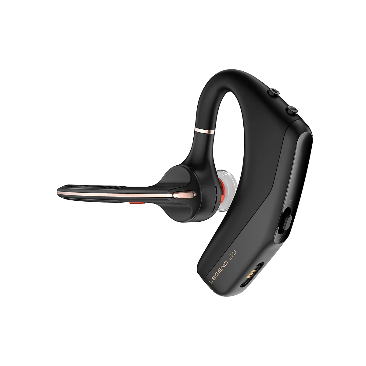 Schwarzes Bluetooth-Headset mit Mikrofonarm und roségoldenen Akzenten vor weißem Hintergrund.