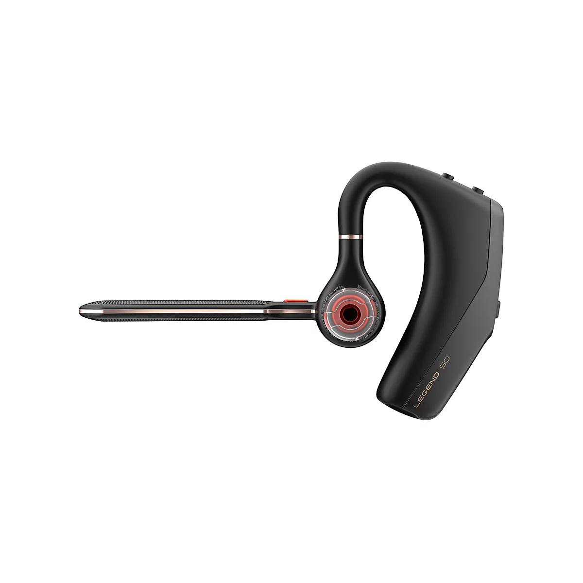 Schwarzes Bluetooth-Headset Modell Legend 50 mit rosegoldenen Akzenten vor weißem Hintergrund.