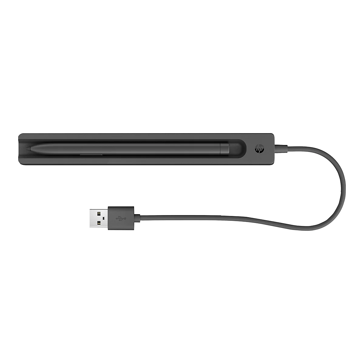 Schwarzer HP-Stift und -Halterung, verbunden mit einem USB-Kabel, auf weißem Hintergrund.