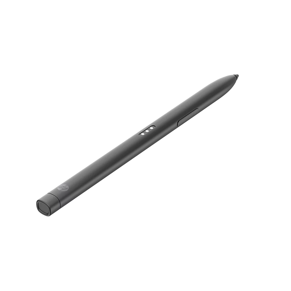 Dunkelgrauer Stylus-Stift mit HP Logo, drei kleinen LED-Lichtern und einer Spitze. Der Stift liegt diagonal vor weißem Hintergrund.