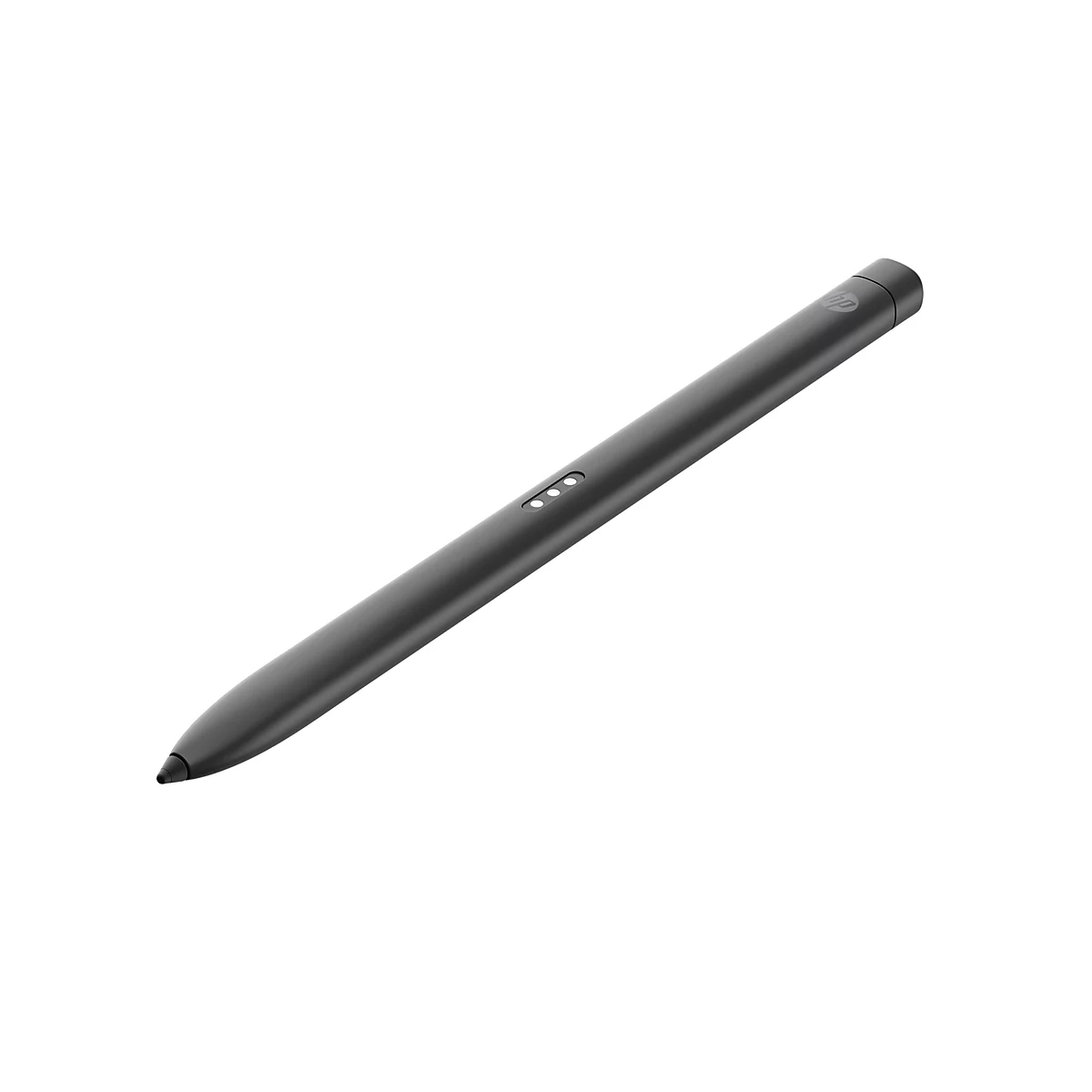 Ein schwarzer HP-Eingabestift vor weißem Hintergrund. Der Stift hat 3 LEDs und das HP-Logo.