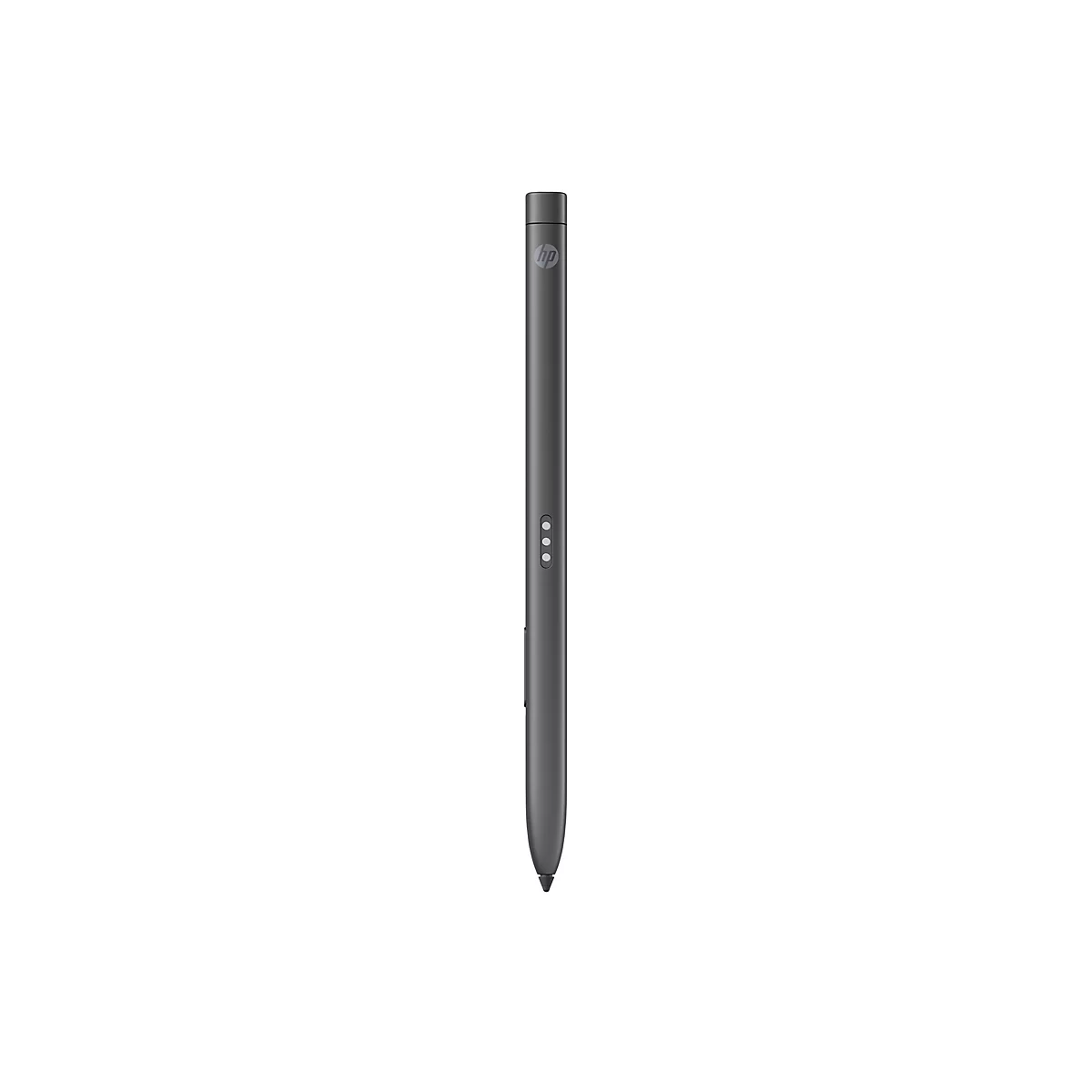 Ein grauer HP-Stift vor weißem Hintergrund. Der Stift hat das HP-Logo, drei Knöpfe und eine Stiftspitze.