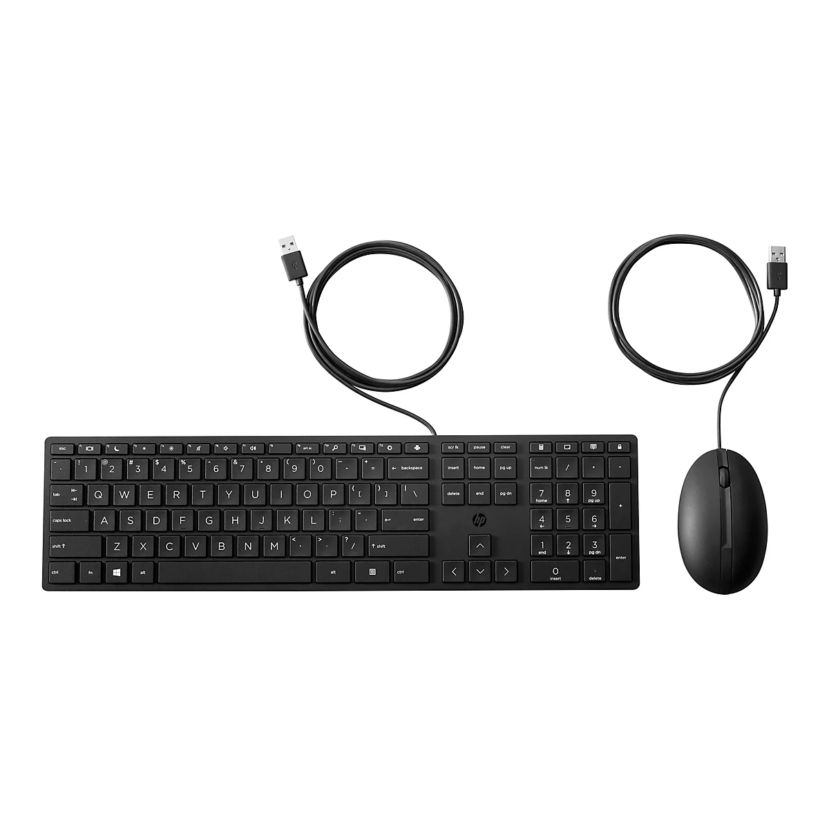 Clavier et souris HP noirs avec câble sur fond blanc. Le clavier affiche des touches, la souris affiche une molette de défilement.
