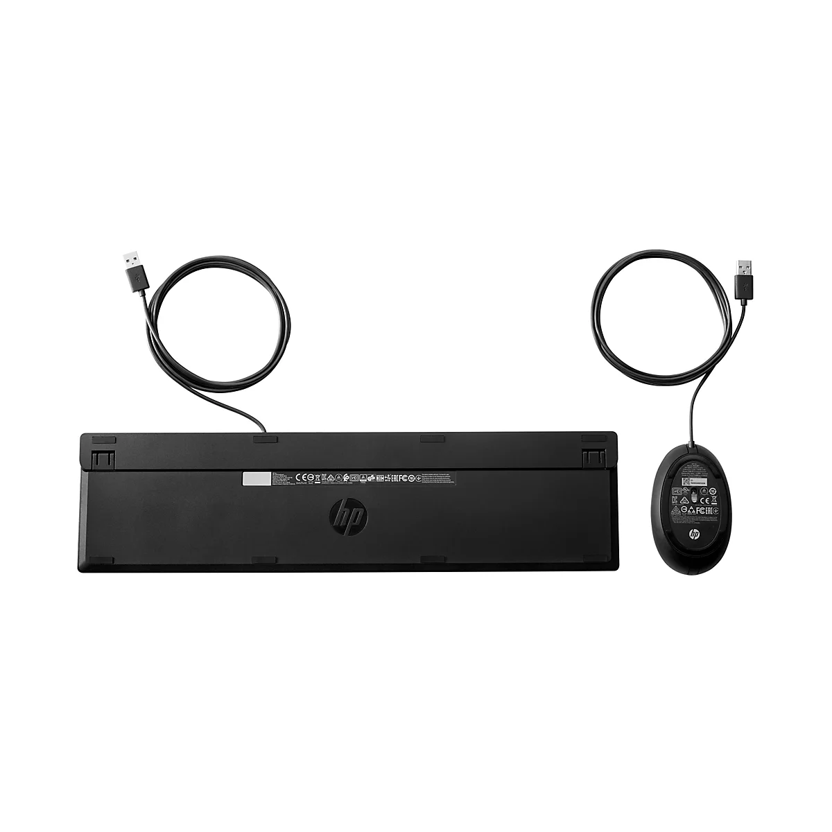 Clavier et souris HP noirs sur fond blanc. Le dessous des appareils est visible.