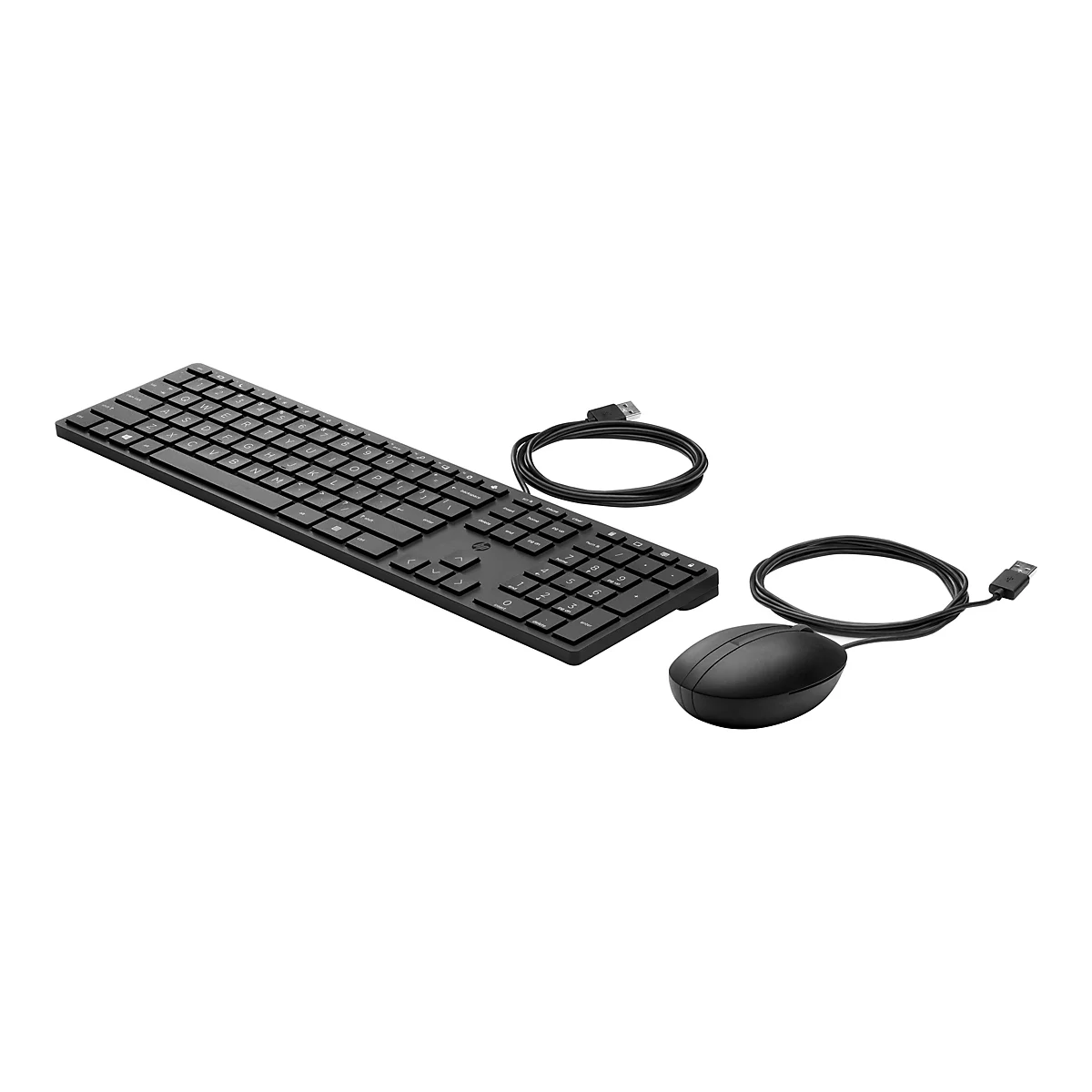 Ensemble clavier et souris noirs avec câbles USB, sur fond blanc.