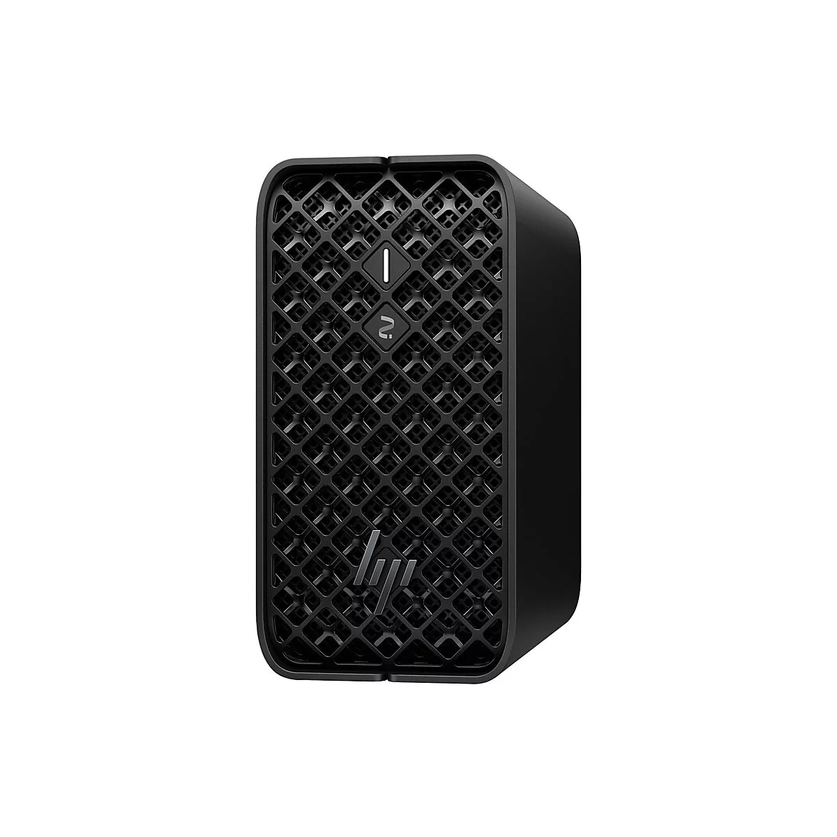 Schwarzer HP-Desktop-PC mit wabenförmiger Front, weißer Hintergrund.
