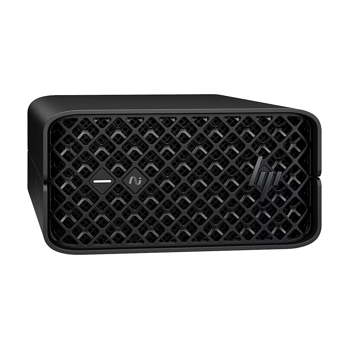 Schwarzer HP-Mini-PC, Frontansicht mit gitterartiger Oberfläche und Logo.
