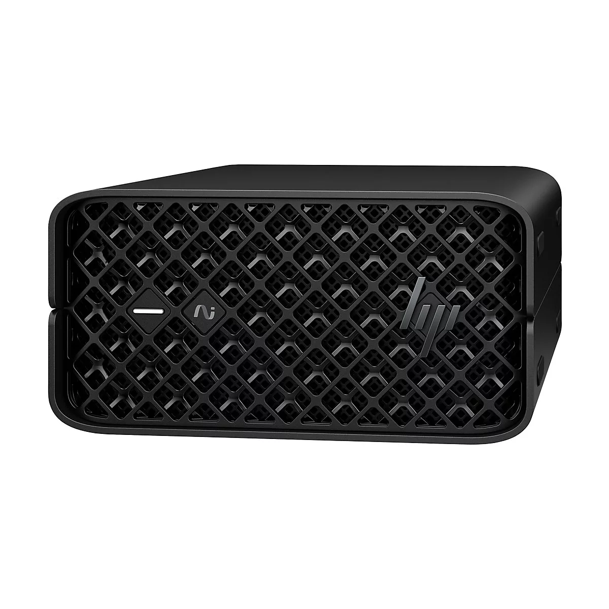 Schwarzer PC-Würfel mit Gittermuster, HP-Logo. Oben rechts ist das Logo. Unten links sind zwei Symbole.