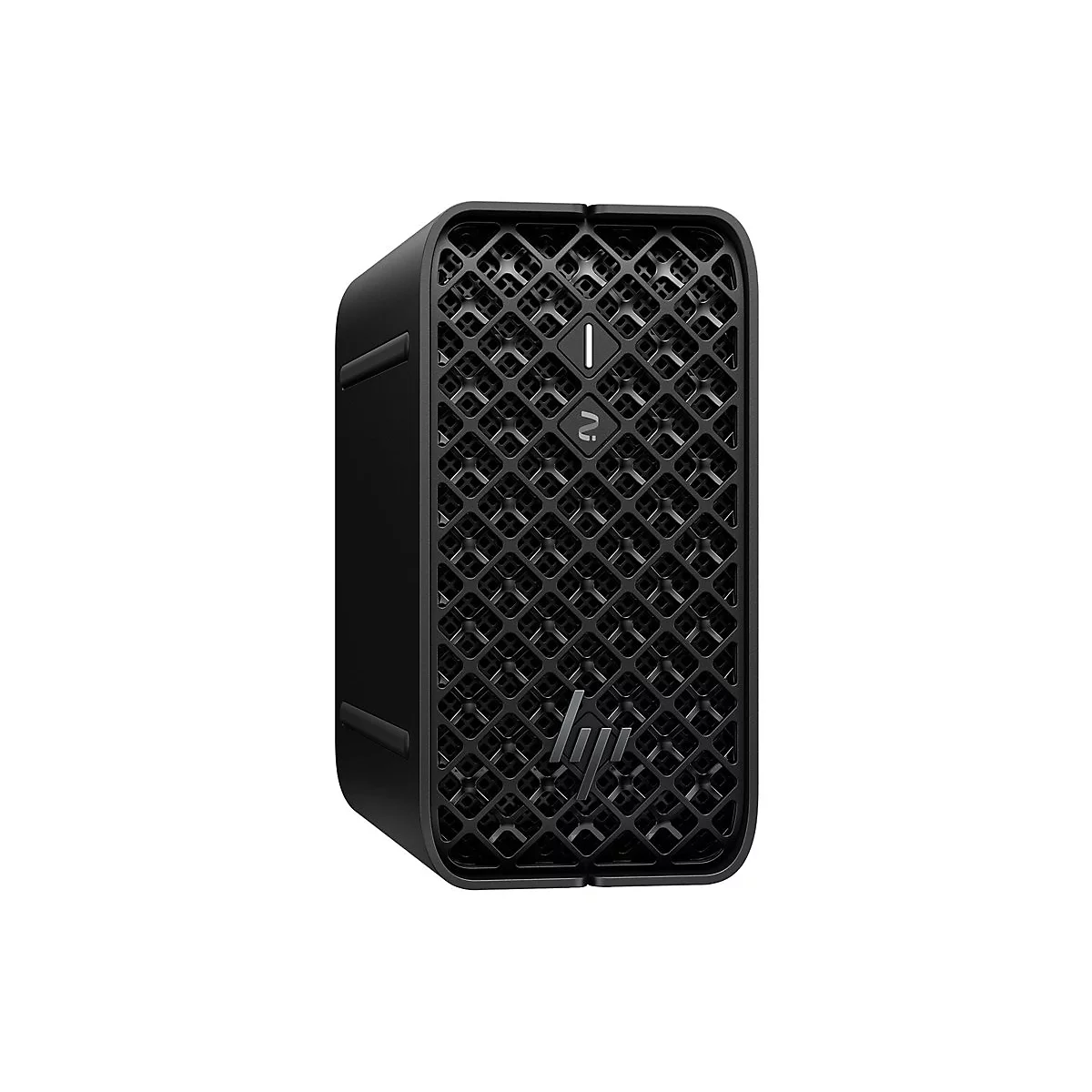 Schwarzer, rechteckiger Desktop-PC mit wabenförmigem Design. HP-Logo unten.
