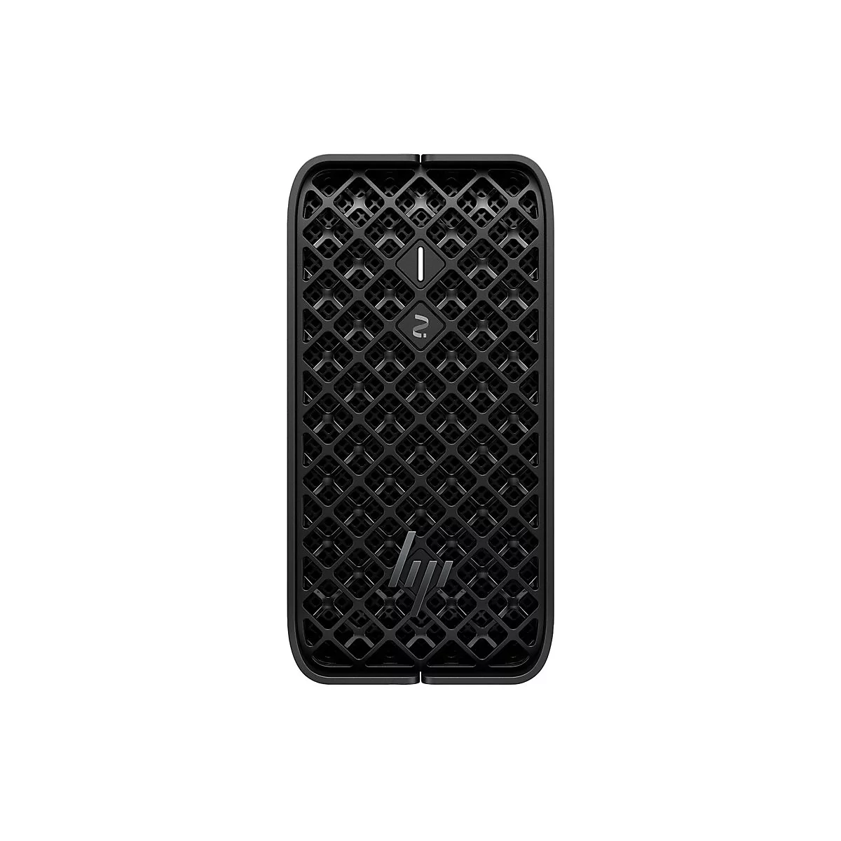 Schwarzer Mini-PC mit Gittermuster, HP-Logo unten.