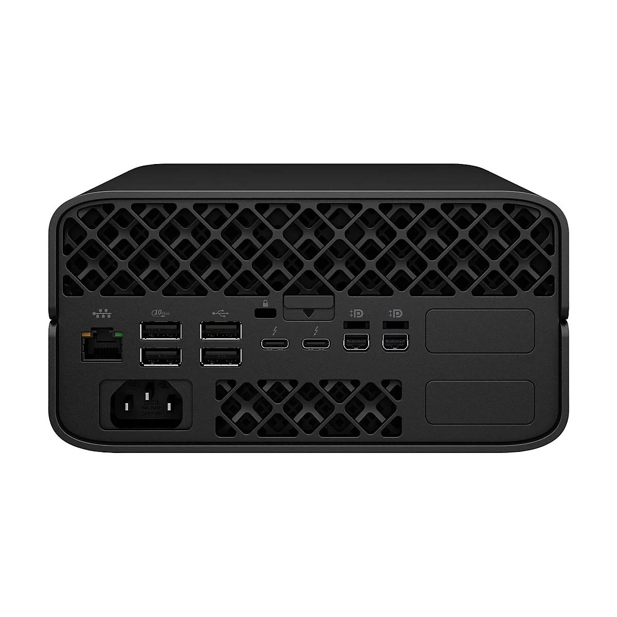 Schwarzer Mini-PC mit Lochmuster, Rückseite mit Anschlüssen: USB, HDMI, Ethernet, Stromanschluss.