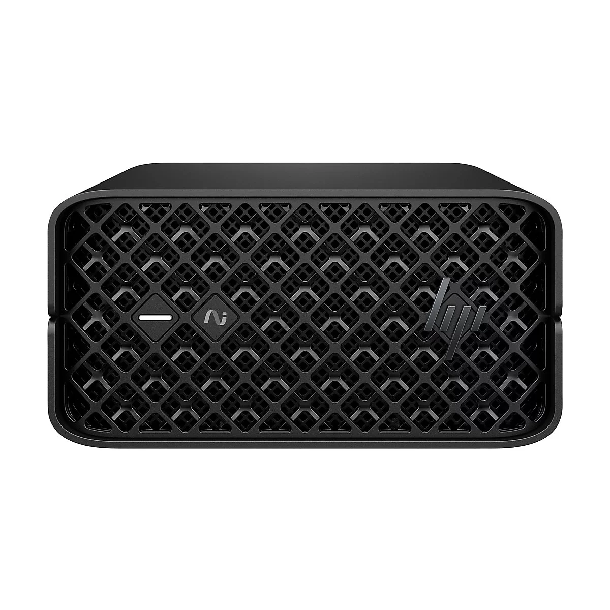 Schwarzer Mini-PC mit Gittermuster. HP-Logo rechts unten.