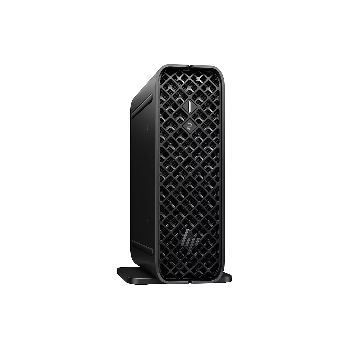 Ein schwarzer PC-Tower vor weißem Hintergrund. Die Vorderseite weist ein geometrisches Muster auf. Das HP-Logo ist unten angebracht.