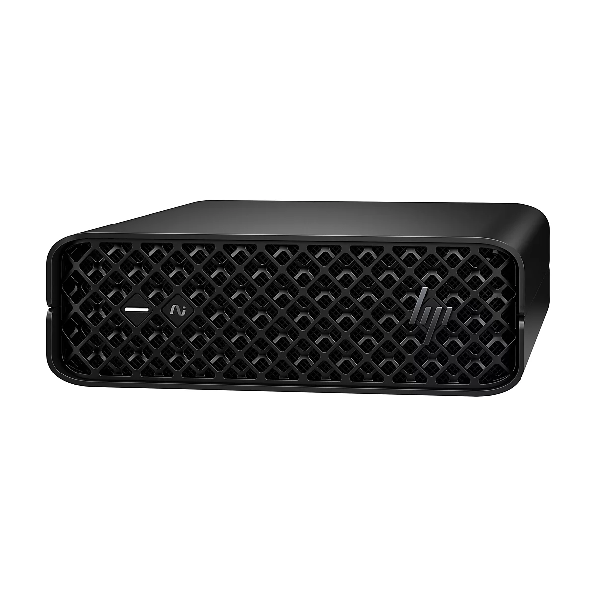 Schwarzer Mini-PC. Gittermuster, Logo, Power-Taste, abgerundete Ecken.