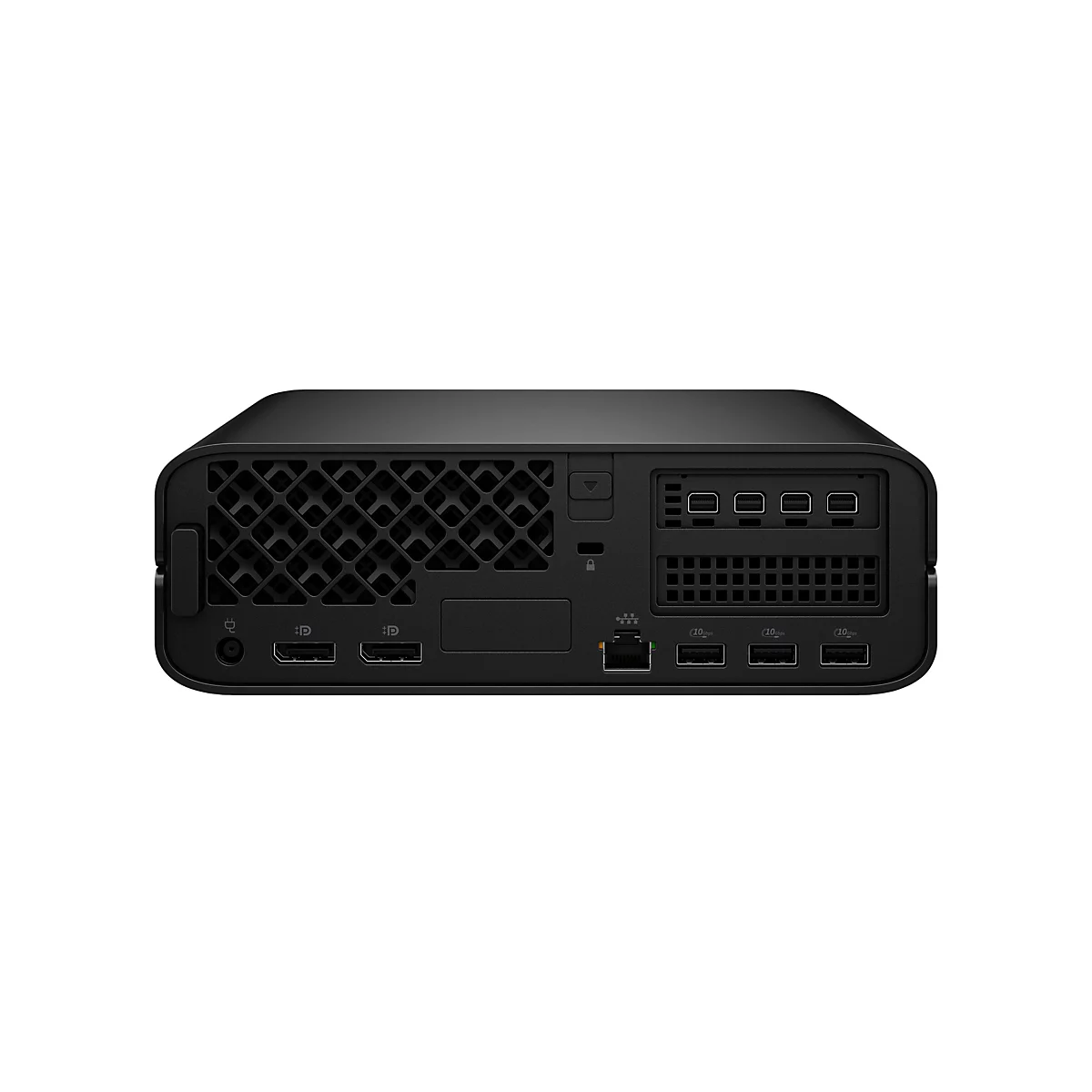 Schwarzer Computer mit verschiedenen Anschlüssen, darunter HDMI, USB und Ethernet, auf weißem Hintergrund.