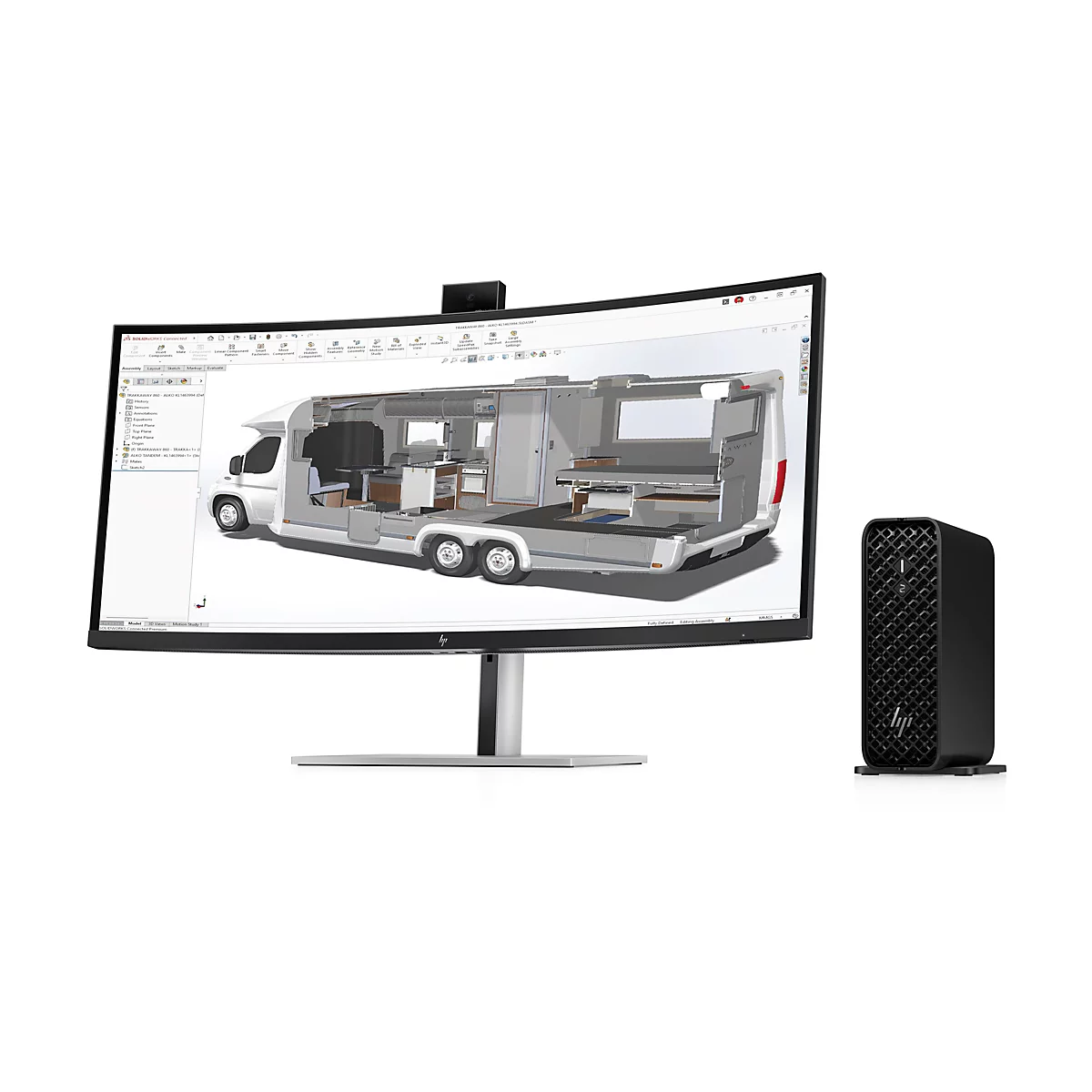 Ein gekrümmter Monitor zeigt ein 3D-Modell eines Wohnmobils. Rechts steht ein schwarzer HP Tower.