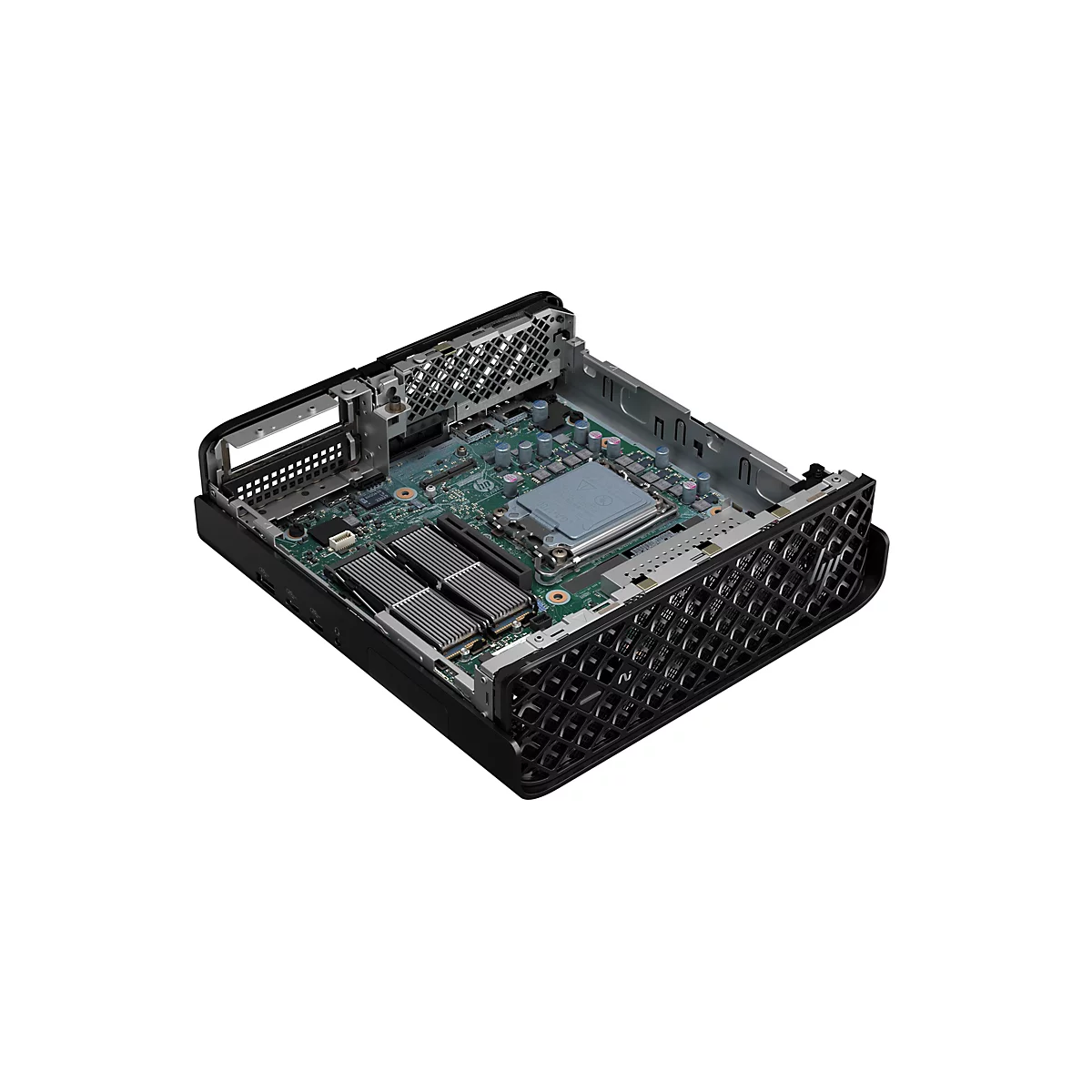 Ein offener, schwarzer Computer mit grüner Platine und Kühlkörpern, die die inneren Komponenten zeigen.