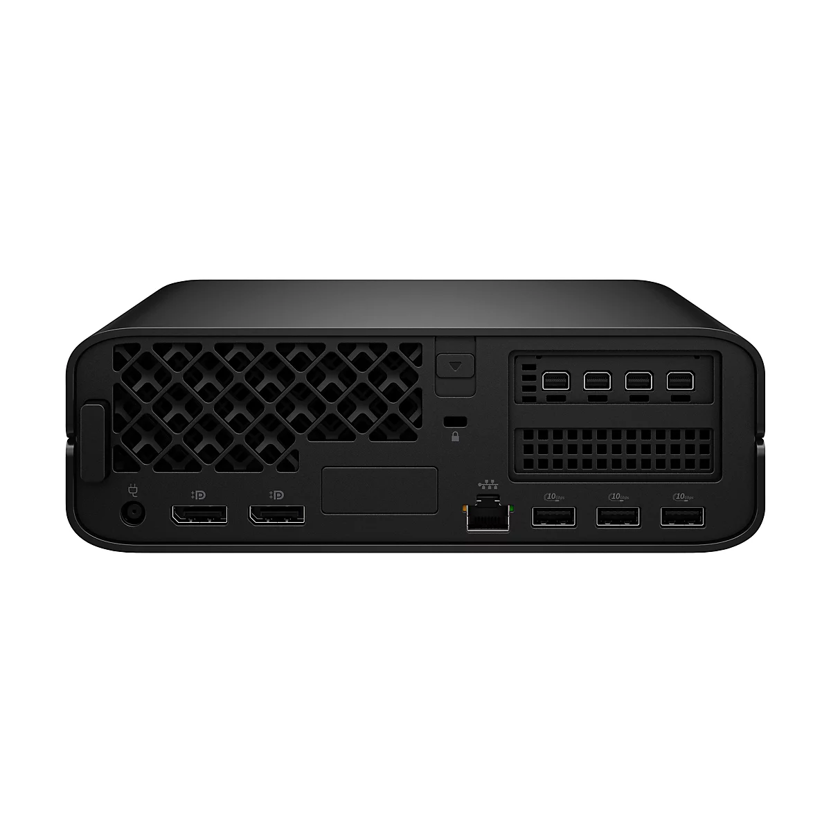 Schwarzes Elektronikgerät mit diversen Anschlüssen. Rückseite mit Belüftung, USB-Ports, HDMI-Ports, und Ethernet-Anschluss.