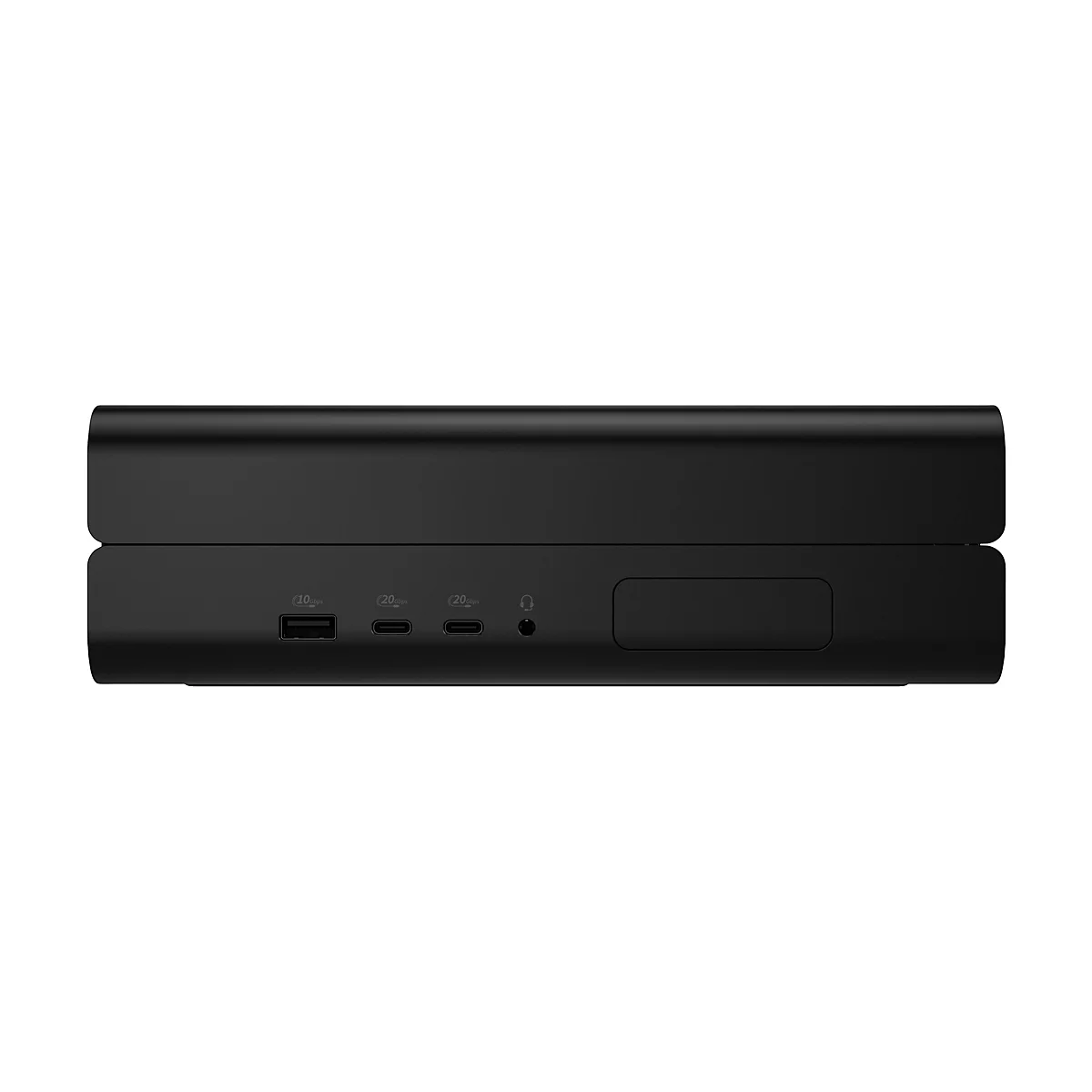 Ein schwarzes elektronisches Gerät mit mehreren Anschlüssen, darunter USB und Kopfhörer.