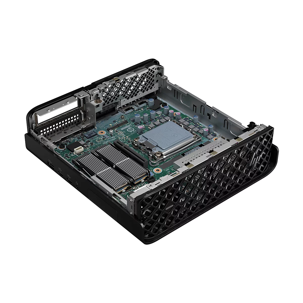 Offener PC. Innenleben sichtbar: Platine, Kühler, Prozessor. Gehäuse schwarz mit Wabenstruktur.