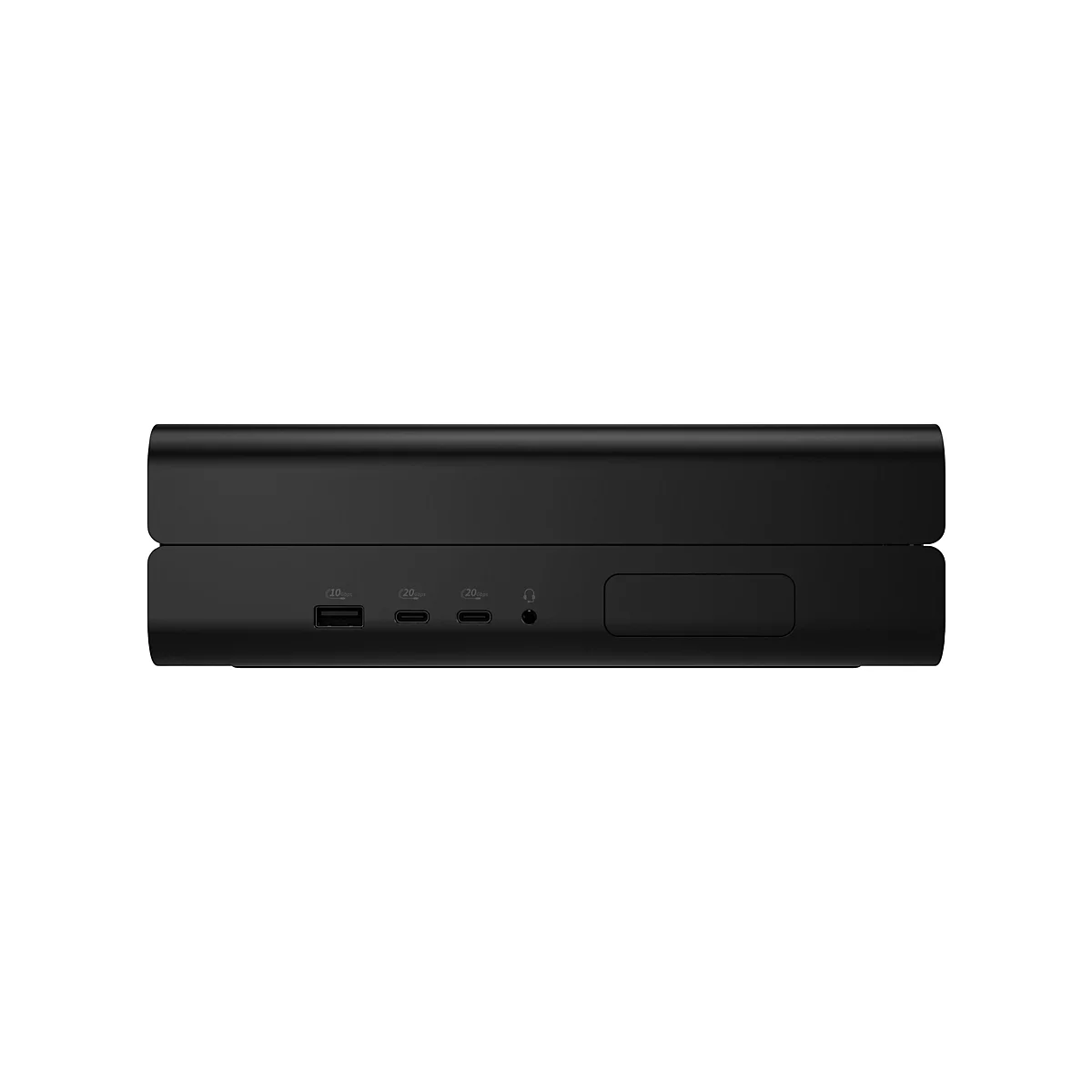 Schwarzer Media-Player mit verschiedenen Anschlüssen, wie USB und USB-C, vor weißem Hintergrund.