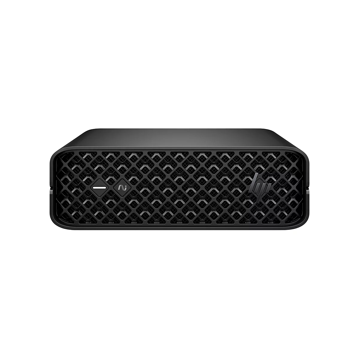 Schwarzer Mini-PC mit gerasterter Front. Vorne links: weißes Symbol. Rechts: HP-Logo.