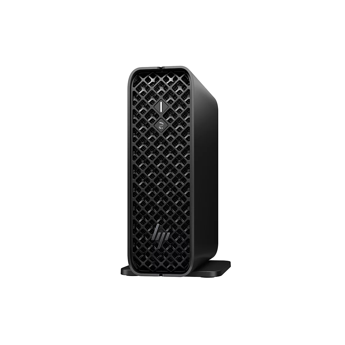 Schwarzer PC im Turmformat, mit Gitterstruktur, HP-Logo, Standfuß.
